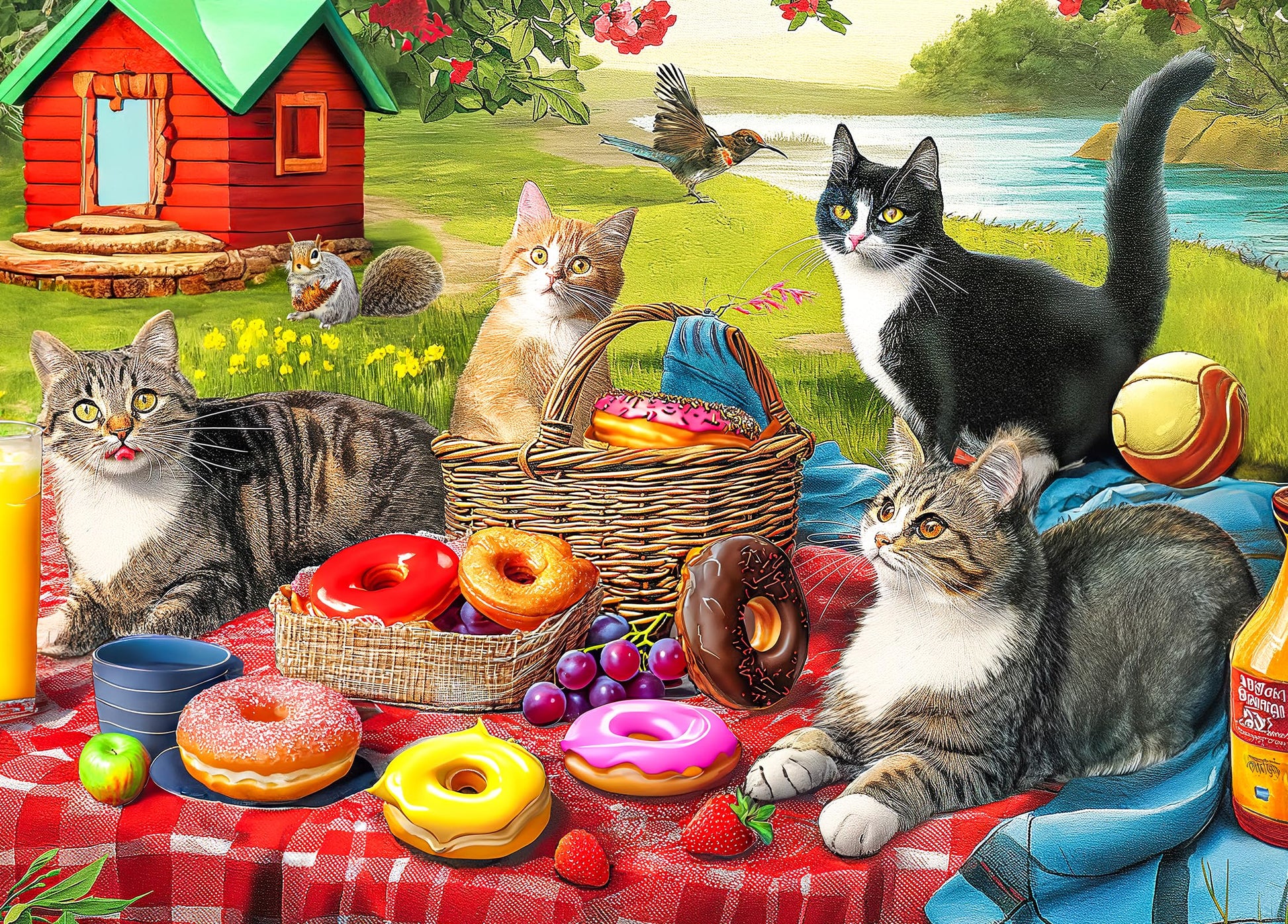 300 Piece Puzzles for Adults - Jigsaw Puzzles for Kids Seniors - Picnic Kittens and Donut