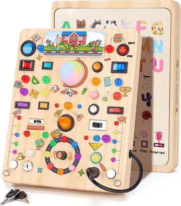Busy Board with 19 LED Light Switches, Montessori Toys for 1 2 3 Years Old, Wooden Sensory Board, Toddlers Activity Travel Toys for 1 2 3 Year Old Boy